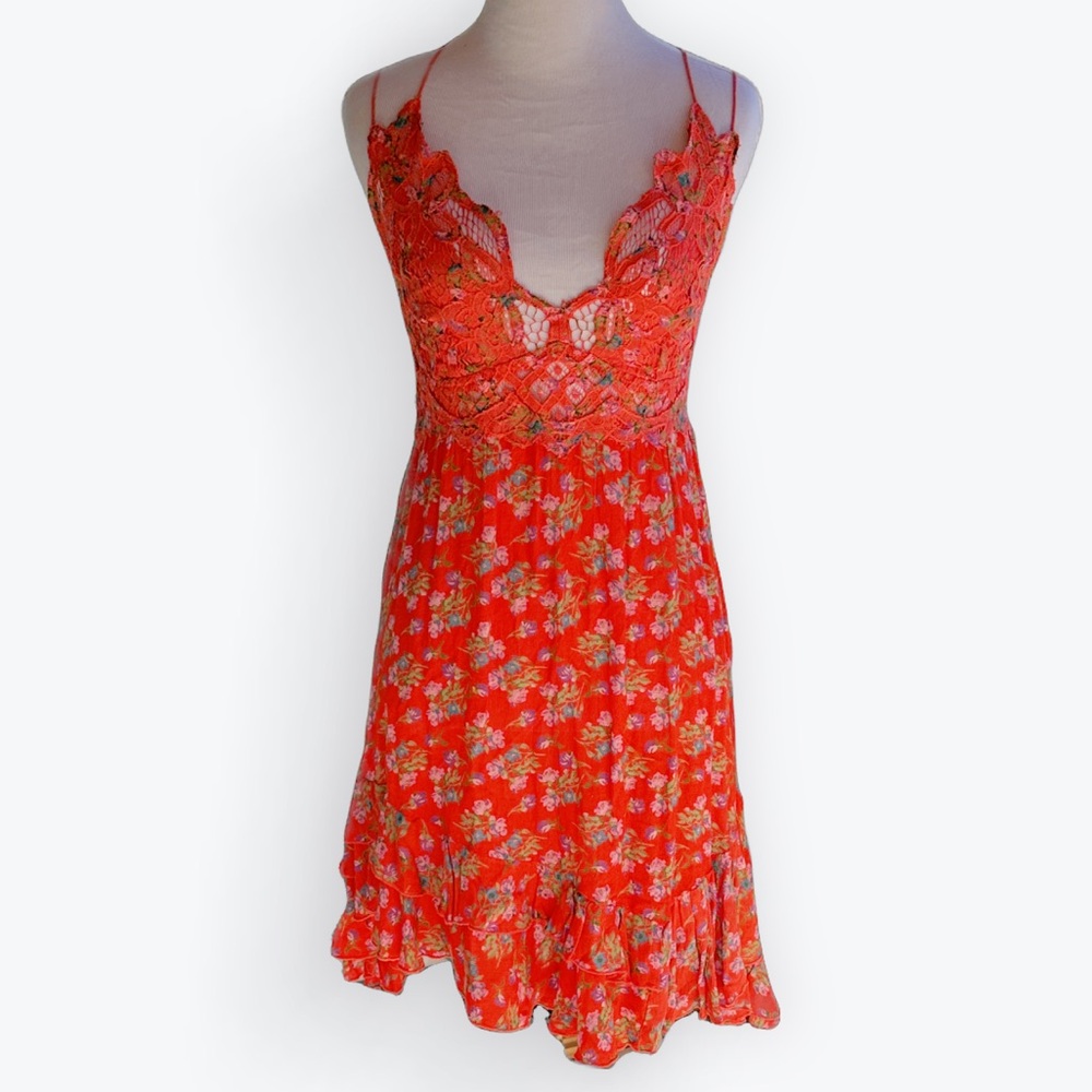 Feminine Romantic Lacy Boho Free People Adella Floral Print Mini Slip Dress ~ M